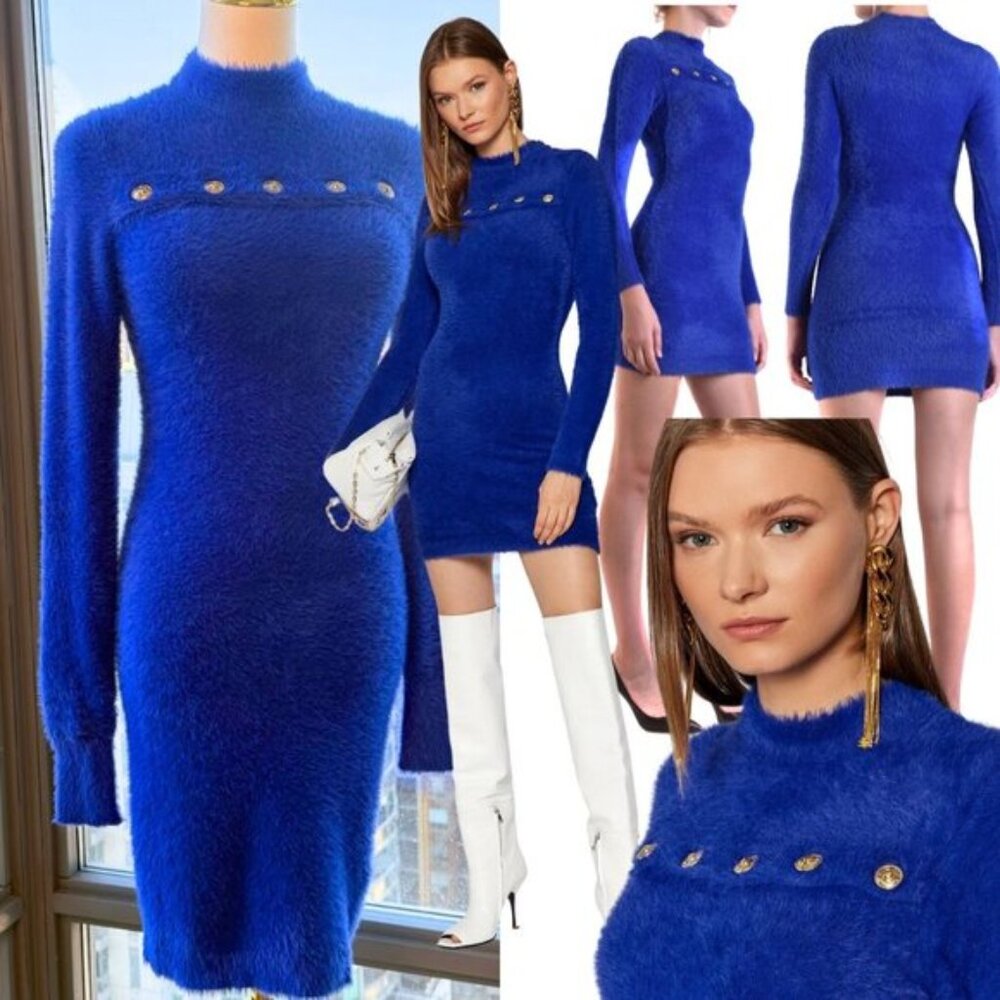 🆕 VERSACE JEANS COUTURE 🧿 NWOT Royal Blue Faux Fur Knit Dress, Buttons - Sz S